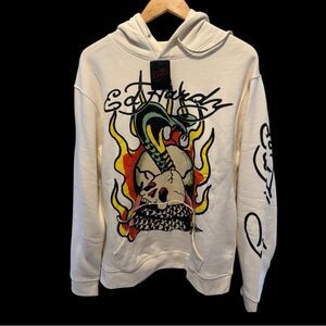 Ed Hardy Cream Graphic Streetwear Grunge Print Hoodie with Snake and Flames